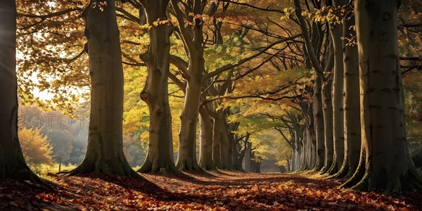 Autumn forest with leaves in varying shades of amber red and yellow in golden hour sunlight, AI generated