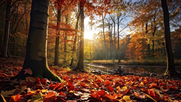 Autumn forest with leaves in varying shades of amber red and yellow in golden hour sunlight, AI generated
