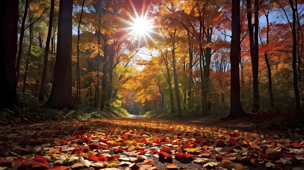 Autumn forest with leaves in varying shades of amber red and yellow in golden hour sunlight, AI generated
