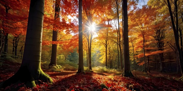 Autumn forest with leaves in varying shades of amber red and yellow in golden hour sunlight, AI generated