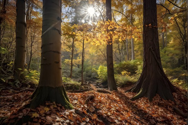 Autumn forest with leaves in varying shades of amber red and yellow in golden hour sunlight, AI generated