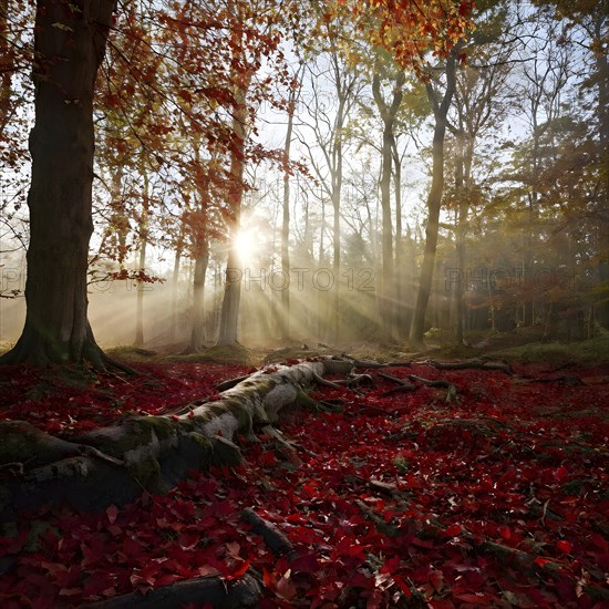 Autumn forest with leaves in varying shades of amber red and yellow in golden hour sunlight, AI generated