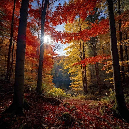 Autumn forest with leaves in varying shades of amber red and yellow in golden hour sunlight, AI generated