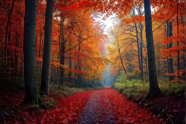 Autumn forest with leaves in varying shades of amber red and yellow in golden hour sunlight, AI generated