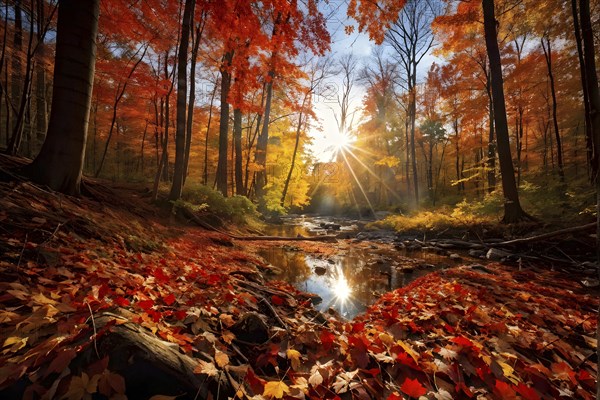 Autumn forest with leaves in varying shades of amber red and yellow in golden hour sunlight, AI generated