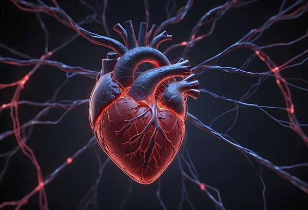 3D rendering of an anatomical heart with glowing red veins against a dark background, AI generated