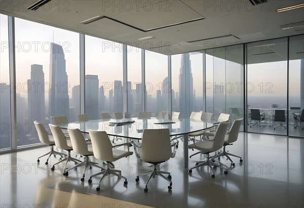 Modern office conference room with glass walls offering a view of the city skyline, AI generated
