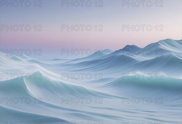 Ethereal scene with ocean waves and twilight sky in pastel hues, conveying tranquility and serene beauty, AI generated