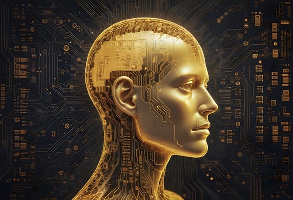 Golden human-cyborg head in profile with intricate digital circuitry, glowing in a futuristic atmosphere, AI generated