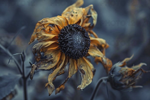 Close up of withered dry sunflower. Generative AI, AI generated