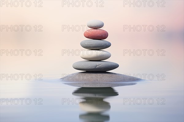 Stack of zen stones on water with a nature background. The image conveys a sense of balance, harmony, and peace. Suitable for use in wellness, therapy, and relaxation concepts, AI generated