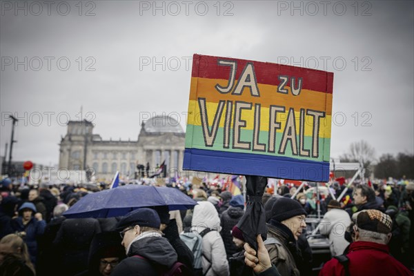 Posters at the large demonstration against the right in Berlin under the slogan We are the firewall . Taken in Berlin, 03.02.2024