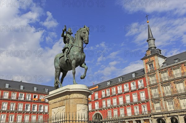 Equestrian statue in Plaza Mayor, Madrid, Spain central square tourist attraction in the heart of the city