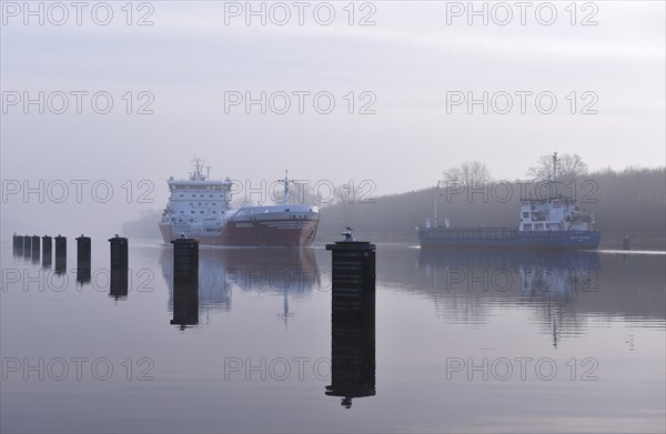 LNG tanker Ramanda sailing in fog in the Kiel Canal, Kiel Canal, Schleswig-Holstein, Germany, Europe