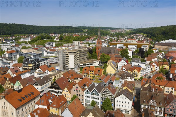 View of the town of Heidenheim from Hellenstein Castle, buildings, houses, church, roofs, Heidenheim an der Brenz, Baden-Württemberg, Germany, Europe