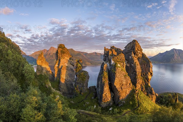 Rock formation Finnesjura in the evening light, Finnesfjellet mountain, Finnes, Helgeland coast, Bodo, Nordland, Norway, Europe