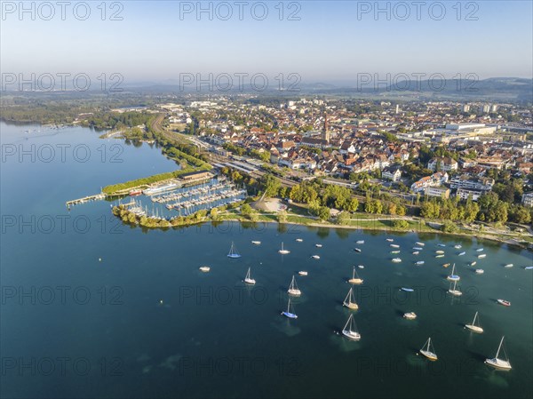 Aerial view of the town of Radolfzell on Lake Constance with the Wäschbruck harbour, harbour pier and concert sail, district of Constance, Baden-Württemberg, Germany, Europe