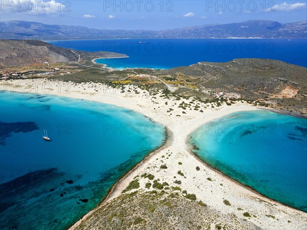 Drone shot, double bay of Simos beach, Sarakiniko beach, Elafonisos, Deer Island, Laconia, Peloponnese, Ionian Islands, Ionian Sea, Greece, Europe