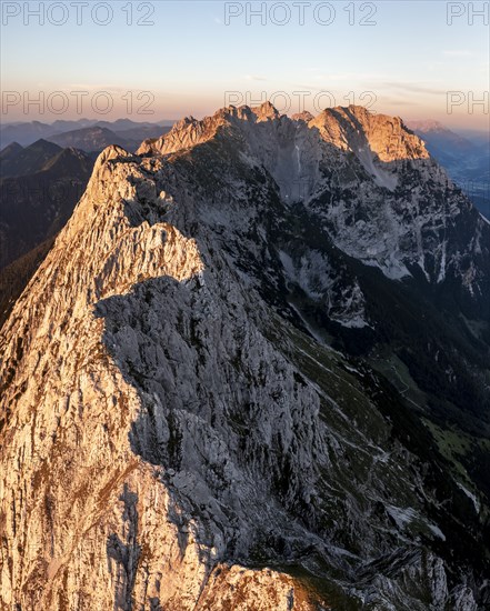Aerial view, sunset, alpenglow in the mountains, mountain range, Wilder Kaiser, Tyrol, Austria, Europe
