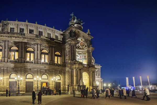 Semperoper am Theaterplatz with King Johann monument in the evening, Dresden, Saxony, Germany, Europe