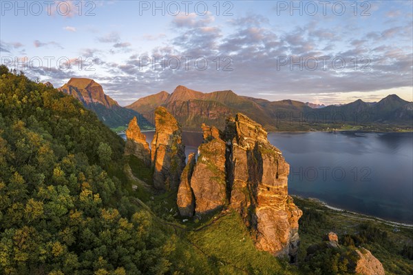 Rock formation Finnesjura in the evening light, Finnesfjellet mountain, Finnes, Helgeland coast, Bodo, Nordland, Norway, Europe