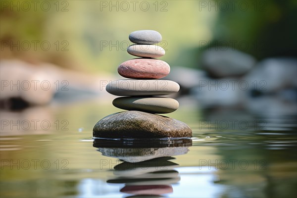 Stack of zen stones on water with a nature background. The image conveys a sense of balance, harmony, and peace. Suitable for use in wellness, therapy, and relaxation concepts, AI generated