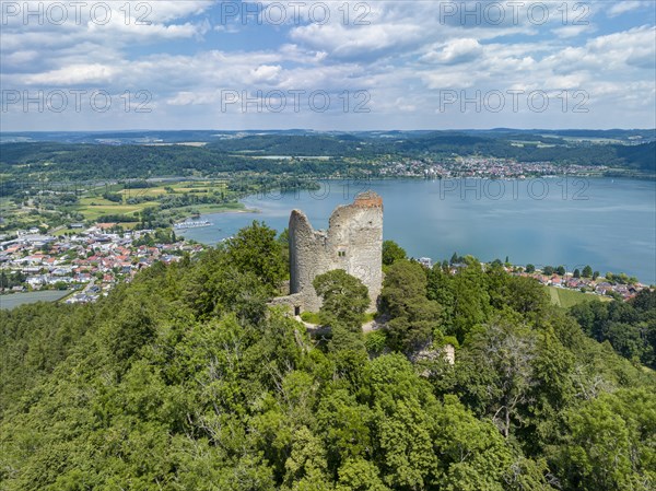 Aerial view of Lake Constance with Altbodman Ruin, Bodman-Ludwigshafen, Constance County, Baden-Württemberg, Germany, Europe