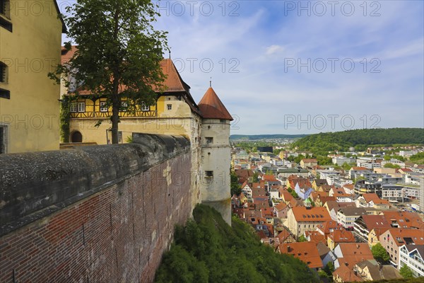 Old annexe with tower of the north gate, Hellenstein Castle, view of Heidenheim town, historical buildings, fortification, castle complex, residence, spur complex, wall, houses, roofs, Heidenheim an der Brenz, Baden-Württemberg, Germany, Europe