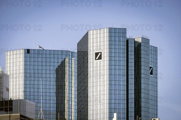 Deutsche Bank logo on both 155 metre high twin towers in the banking district, glass façade of the corporate headquarters, Frankfurt am Main, Hesse, Germany, Europe