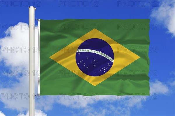 Brazil, South America, national flag, flag, flag, flagpole, cumulus clouds in front of blue sky, studio, South America