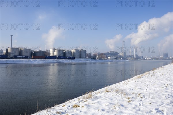 BASF plant site on the Rhine, chemical company, foggy mood, snow, Ludwigshafen, Rhineland-Palatinate, Germany, Europe