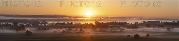Early morning fog with sunrise over the Radolfzeller Aachried, Lake Constance behind, Radolfzell, Constance district, Baden-Württemberg, Germany, Europe