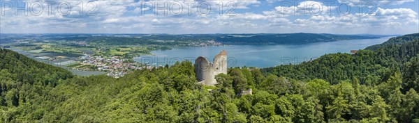 Aerial panorama of Lake Constance with the ruins of Altbodman, Bodman-Ludwigshafen, Constance County, Baden-Württemberg, Germany, Europe