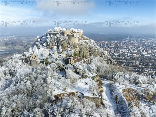 Aerial view of the snow-covered Hegau volcano Hohentwiel with Germany's largest castle ruins, surrounded by frosty trees in a winter landscape, on the right the town of Singen, district of Constance, Baden-Württemberg, Germany, Europe