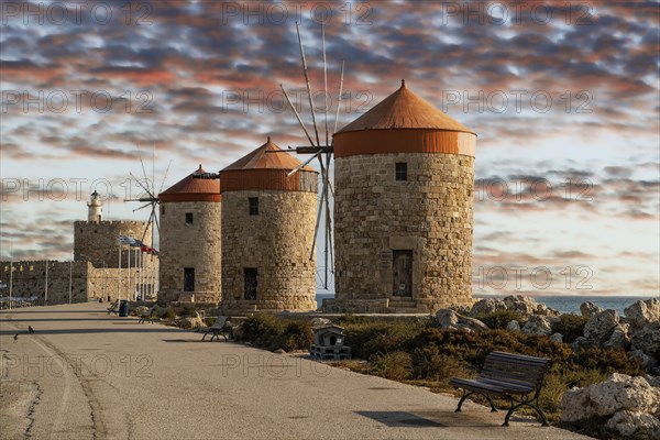 Windmills in the harbour of Rhodes in the early morning, UNESCO World Heritage Site, Greece, Europe