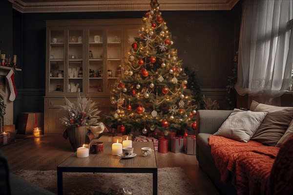 A cozy interior living room decorated for Christmas with a Christmas tree with presents gift boxes. The image captures the warm and inviting atmosphere of the holiday season, AI generated