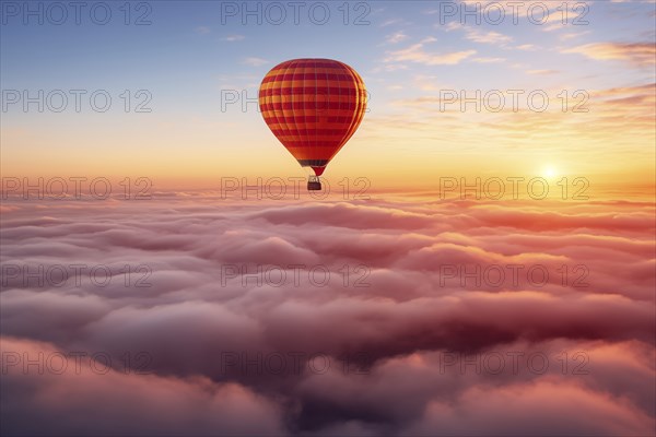 Colorful hot air balloon floats over a sea of clouds at sunset at sunset with orange and blue skies in the background. Travel journey adventure beauty of nature concept, AI generated