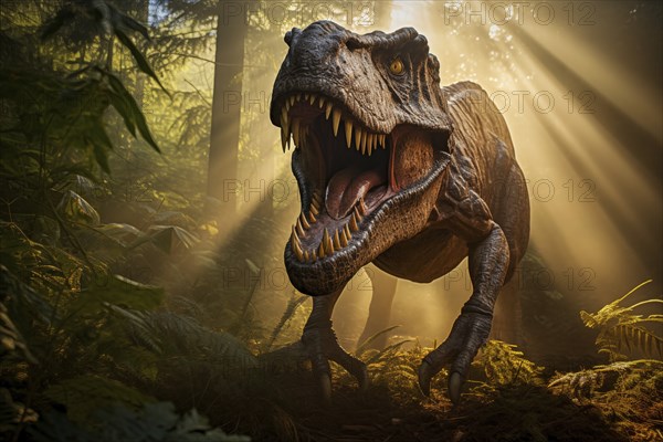 Tyrannosaur rex roaring in a prehistoric forest with lush vegetation, ferns and sunlight, AI generated