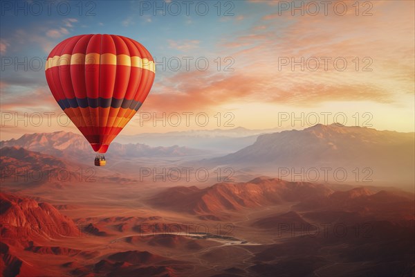 A colorful hot air balloon floats in sky over a desert mountain landscape at sunset with orange and blue skies in the background. Travel journey adventure beauty of nature concept, AI generated
