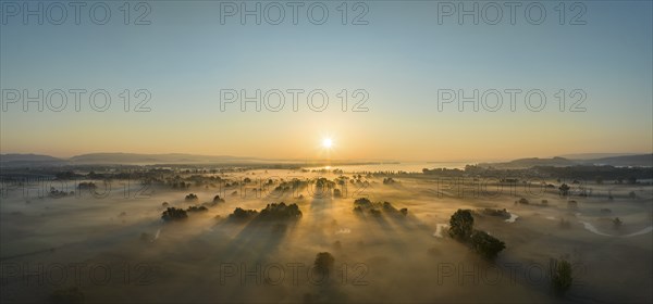 Aerial panorama of the Radolfzeller Aachried at sunrise and ground fog, on the horizon the western part of Lake Constance, Radolfzell, Constance district, Baden-Württemberg, Germany, Europe