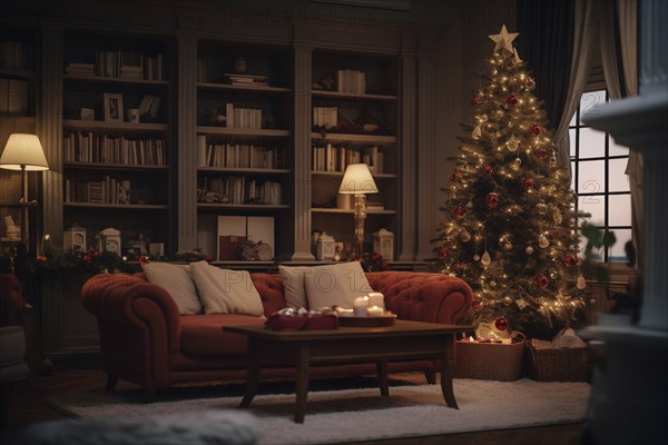 A cozy interior living room decorated for Christmas with a Christmas tree with presents gift boxes. The image captures the warm and inviting atmosphere of the holiday season, AI generated