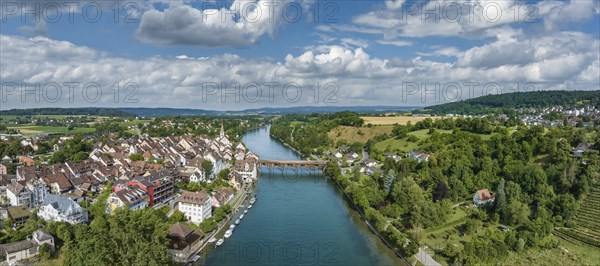 Aerial panorama of Diessenhofen with the historic wooden bridge over the Rhine, Canton Thurgau, Switzerland, Europe