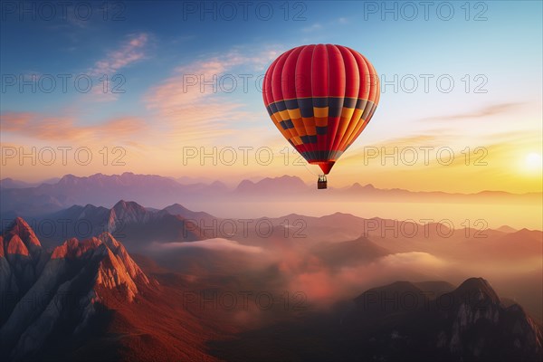 A colorful hot air balloon floats in sky over a desert mountain landscape at sunset with orange and blue skies in the background. Travel journey adventure beauty of nature concept, AI generated