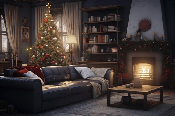 A cozy interior living room with burning fireplace decorated for Christmas with a Christmas tree. The image captures the warm and inviting atmosphere of the holiday season, AI generated