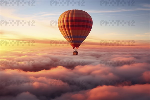 Colorful hot air balloon floats over a sea of clouds at sunset at sunset with orange and blue skies in the background. Travel journey adventure beauty of nature concept, AI generated