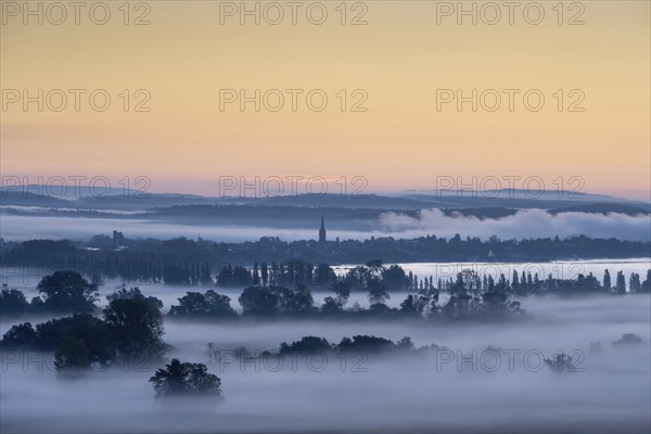Early morning fog over the Radolfzeller Aachried, behind it Lake Constance with the town of Radolfzell, district of Constance, Baden-Württemberg, Germany, Europe