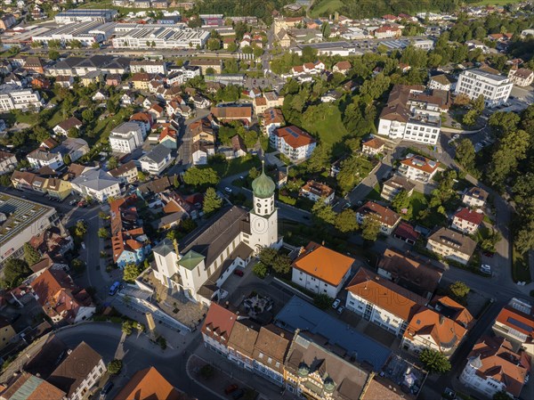 Aerial view of the town of Stockach with the church of St. Oswald in the upper town, historic town centre, Hegau, Constance district, Baden-Württemberg, Germany, Europe