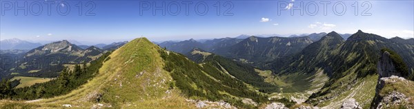 Drone shot, panorama shot, mountain landscape, summit massif of the Regenspitz with Gruberalm, Osterhorn group, Salzkammergut, province of Salzburg, Austria, Europe