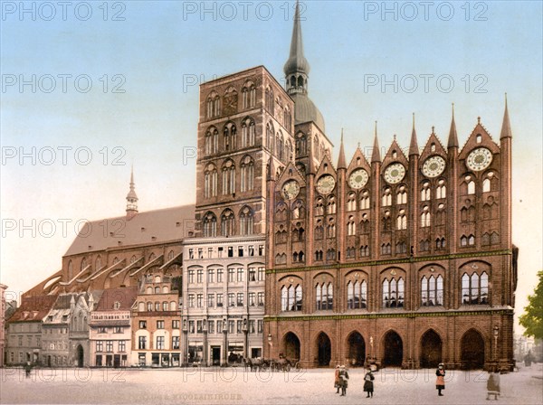 Town Hall and Church of St. Nicholas in Stralsund, Mecklenburg-Western Pomerania, Historic, digitally enhanced reproduction of a photochrome print from 1898