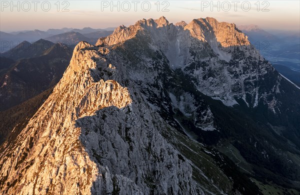 Aerial view, sunset, alpenglow in the mountains, mountain range, Wilder Kaiser, Tyrol, Austria, Europe